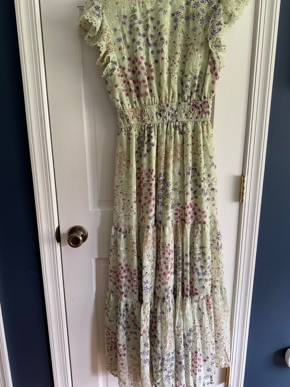 Light Green Floral Tiered Maxi Dress with Smocked Waist - Picture 5 of 5
